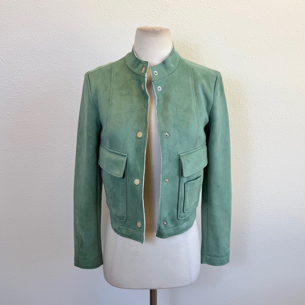 ZARA‎ Sage Green Faux Suede Bomber Jacket Womens XS Cropped Biker Colorful